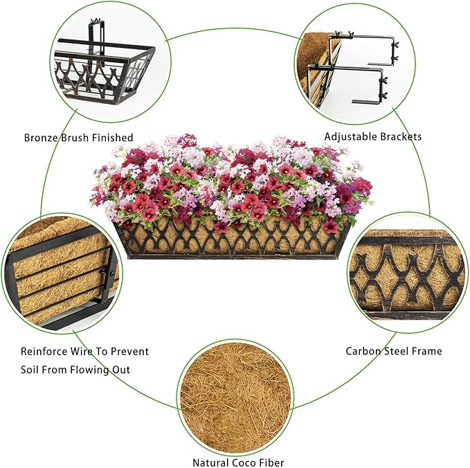 4 Pack 24 Inch Window Boxes Planters Railing Planter Box with Adjustable Brackets for Porch Fence Patio Balcony Hanging Flower Baskets with Coco Liners for Outdoor Garden Decor - Bronze