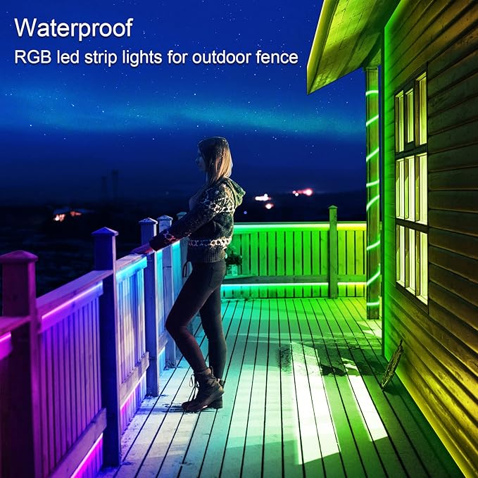 Outdoor LED Strip Lights Waterproof,IP68 Outside Led Light Strips Waterproof with Bluetooth App Remote Control,Music Sync RGB Exterior Led Rope Lights,for Balcony,Deck,Roof,Garden,Pool (300FT Outdoor)