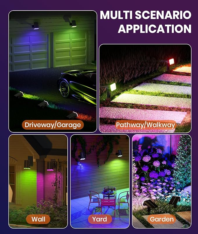 Christmas Solar Spot Lights Outdoor Waterproof 4-Pack, Multicolor RGB Solar Powered Landscape Lights with 6 Colors 10 Modes, 58 LED Adjustable Spotlights for Yard Garden Patio Landscape Pathway Decor