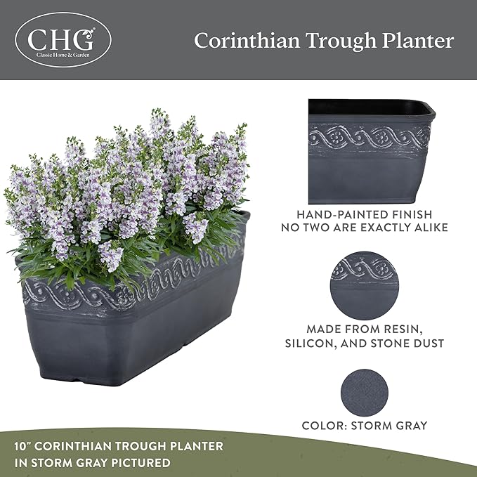 Classic Home and Garden Corinthian Rectangular Trough Window Box Planter, 10", Storm Gray, Pack of 3