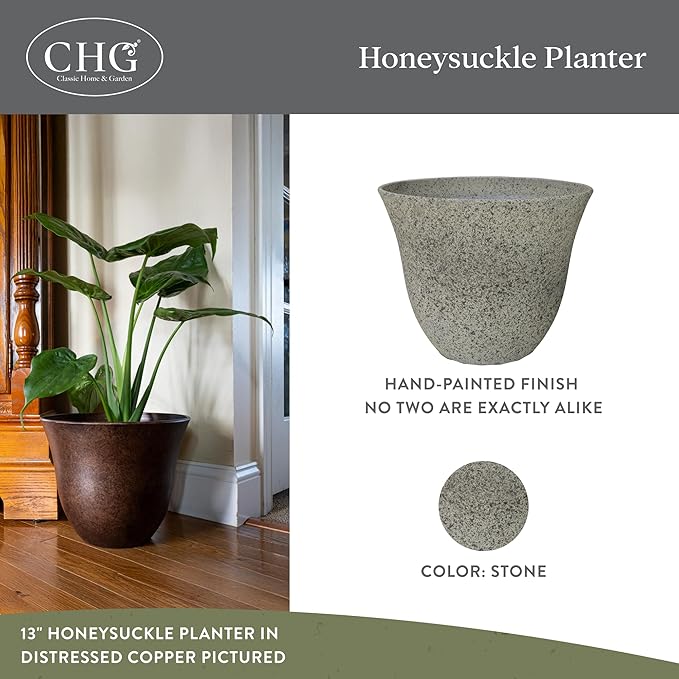 Classic Home and Garden Honeysuckle Resin Planters - Lightweight Indoor & Outdoor Plant Pots - UV-Resistant Plastic Flower Pots - Pot Planters for Flowers & Herbs (15" Stone)
