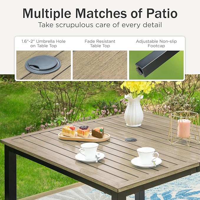 PHI VILLA 5 Pieces Outdoor Dining Set for 4, 42" Square Brown Metal Table & Wrought Iron Swivel Chairs, All Weather Large Outside Furniture with Cushions & Pillows for Patio, Deck, Porch
