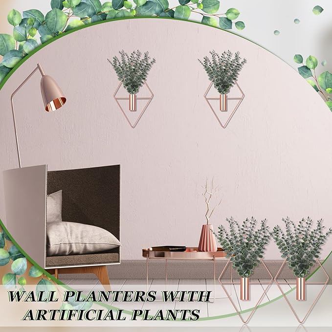 Jexine 4 Pcs Hanging Planters with Artificial Eucalyptus Metal Hanging Vase Indoor Plants Holder Modern Geometric Boho Bathroom Wall Decor for Living Room Home Office (Eucalyptus,Rose Gold)
