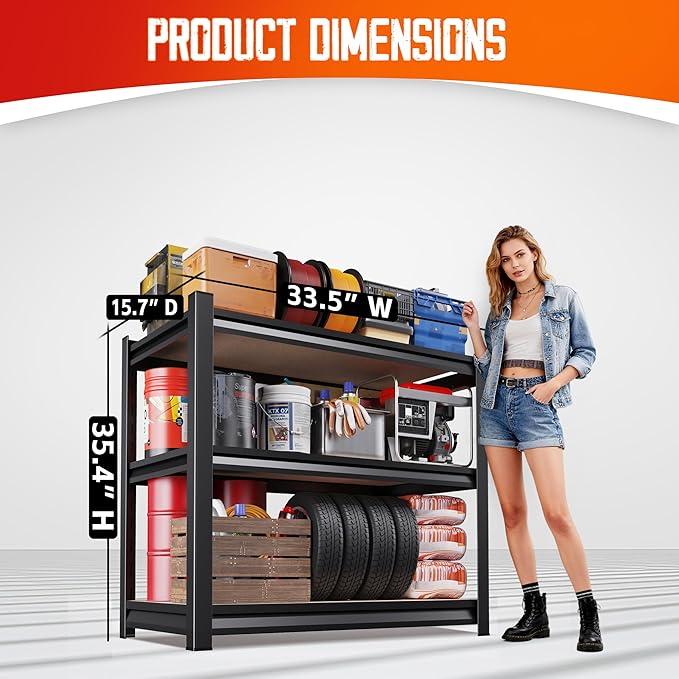 Set of 3 Garage Shelving,3 Tier Garage Storage Shelves,Adjustable Heavy Duty Metal Shelving Units and Storage Large Rack,Utility Steel Shelf For Shop Warehouse Industrial Pantry Basement 33"x35"x16"