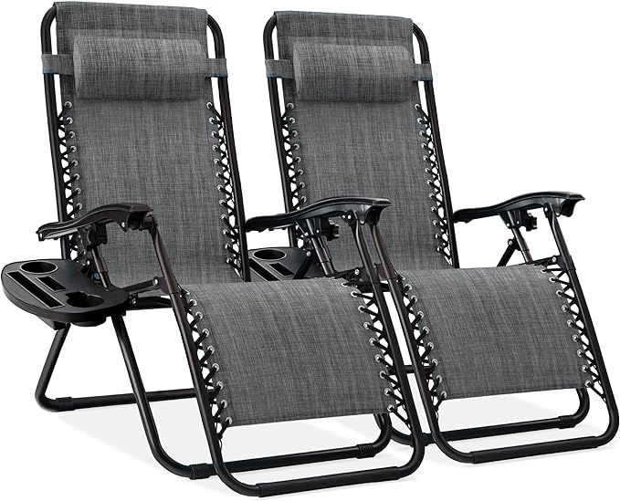 Best Choice Products Set of 2 Adjustable Steel Mesh Zero Gravity Lounge Chair Recliners w/Pillows and Cup Holder Trays - Gray