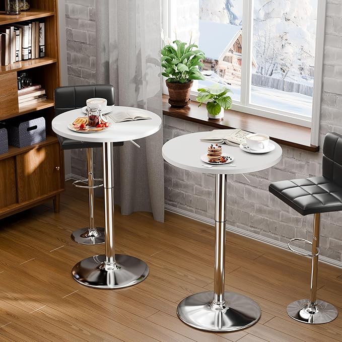 Flamaker Round Bistro Pub Table 23.6 Inch Height Adjustable 360° Swivel Bar Table Metal Base for Pub, Dining Room, Party (2, White-Silver)