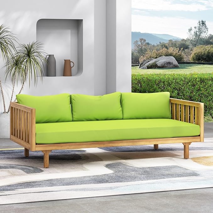 Merax Solid Acacia Wood Couch Chaise Lounge Chair Indoor, 3 Seater Daybed Sofa Couches with Cushions & Pillow, Heavy Frame Day Bed for Living Room, Office, Outdoor, Balcony, Patio, Water Resistant