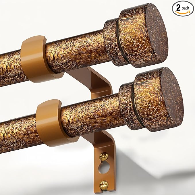 2 Pack Retro Gold Curtain Rods Set for Windows 28 to 48 Inches Adjustable Length Heavy Duty 1" Diameter Window Curtain Rod with Decorative Finials for Outdoor Bedroom Kitchen Living Room Farmhouse