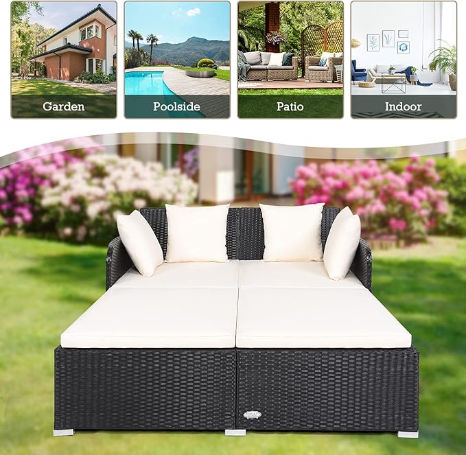RELAX4LIFE Rattan Patio Outdoor Daybed, Wicker 2-Person Sunbed Loveseat with Soft Cushions, 4 Pillows, Curved Backrest & Armrest, Double Bed Lounger Sofa Set for Balcony Porch, Patio Bed (Beige)