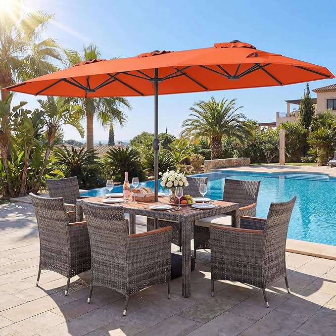 Tangkula 9 Piece Rattan Outdoor Dining Set with 13Ft Umbrella for 6, Outdoor Wicker Table Set with 6 Cushioned Armchairs, Acacia Wood Top, Outdoor Umbrella & with Base Included