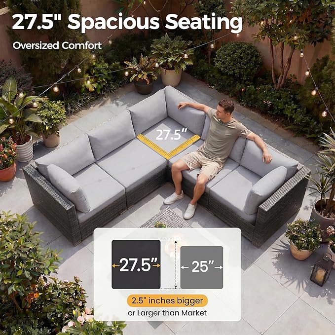 NICESOUL 9 Piece Patio Set with Fire Pit Table Natural Gas/Propane, 29.3'' High Backrest XL Large Outdoor Furniture with Firepit & Chaise Lounge, Wide & Deep Seating Wicker Sectional, Light Grey