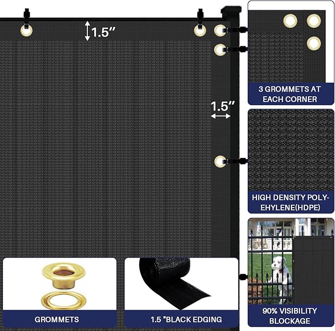 Windscreen4less Privacy Fence Screen Heavy Duty Windscreen Fencing Mesh Fabric Shade Net Cover with Brass Grommtes for Outdoor Wall Garden Yard Pool Deck, 6'x137' Black