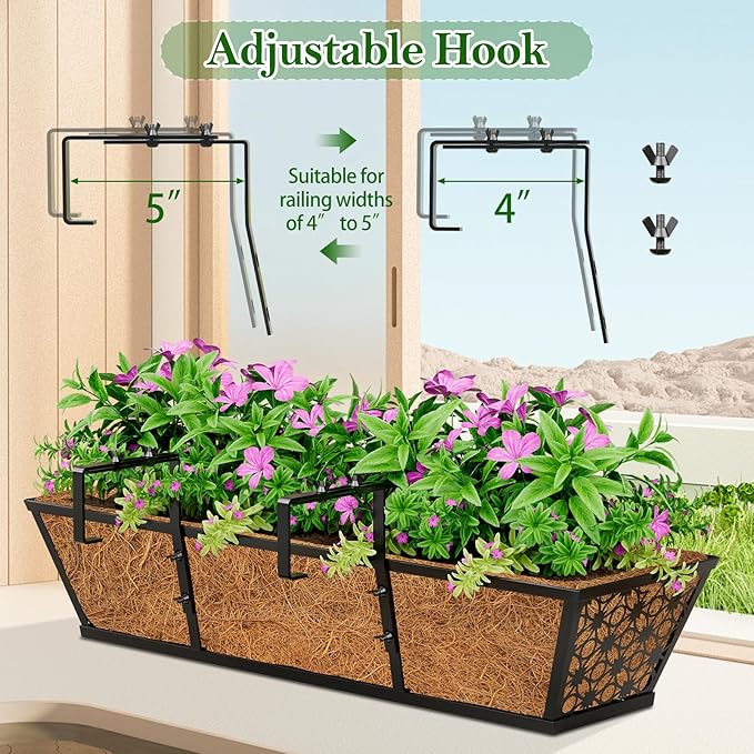 SPECILITE 24" Window Boxes Planters, Heavy Duty Metal Railing Planter Boxes, Adjustable Balcony Planters for Railing Hanging, with Coco Liner & Tool Set for Deck, Porch, and Patio Gardening (4 Pack)