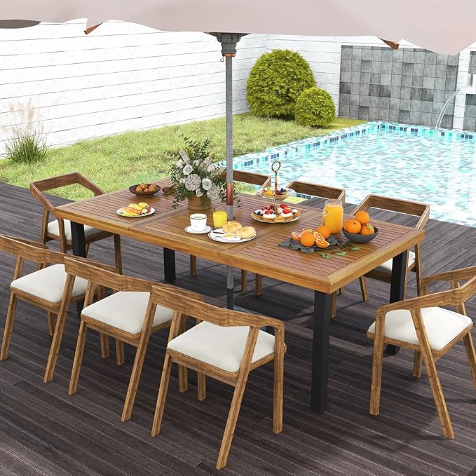Tangkula 79" Acacia Wood Patio Dining Table for 8, Large 8-Person Outdoor Dining Table with 1.9" Umbrella Hole, Metal Legs & Adjustable Foot Pads, Rectangular Outside Table for Garden, Poolside & Yard