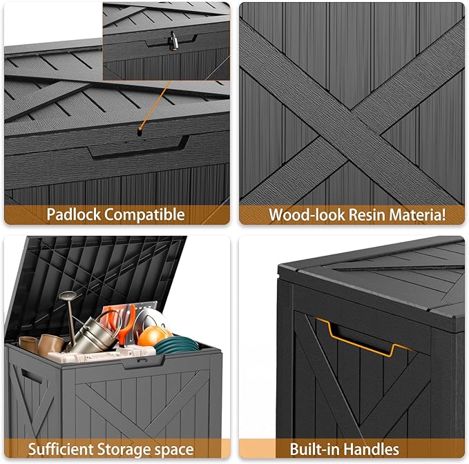 ROJIK Outdoor Storage Housing Deck Box - Waterproof Patio Furniture, Garden Tools, Cushions, Pool Accessories Storage Bench with Lockable Lid and Side Handles (Black 38 Gal)