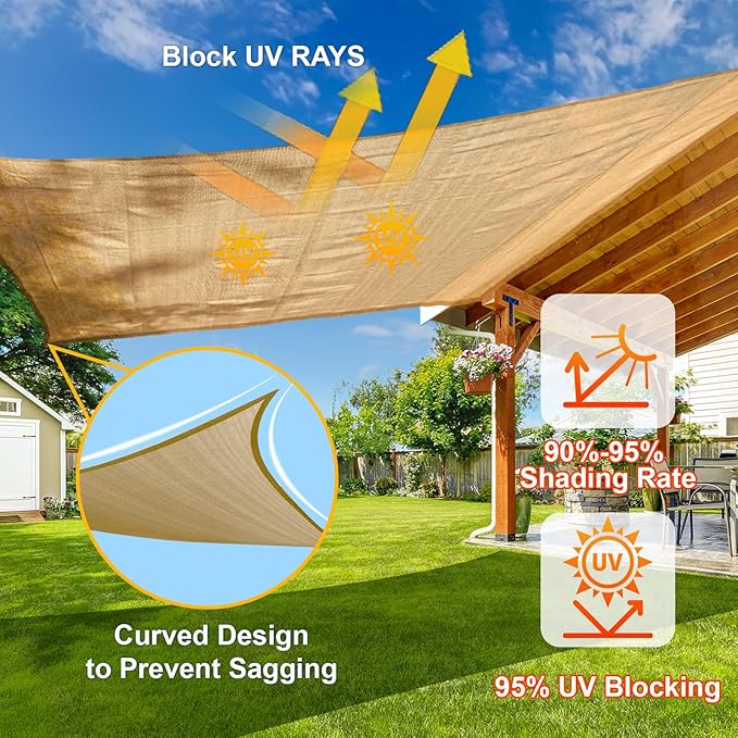 SUNLAX Sun Shade Sail 10' x 11' Sand Rectangle Canopy Sail Shade Cover UV Block Permeable Sunshade Outdoor for Patio Backyard Deck Pergola (We Make Custom Size)