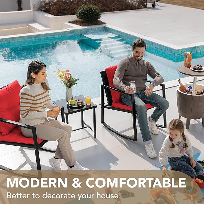 Devoko 3 Piece Rocking Bistro Set Wicker Patio Outdoor Furniture Porch Chairs Conversation Sets with Glass Coffee Table (Red)