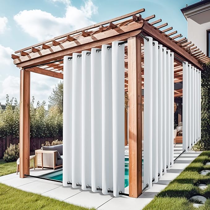 NICETOWN Privacy Outdoor Curtains for Patio Waterproof 2 Panels, Thermal Insulated Light Reducing Cold & Heat Block Rustproof Top & Bottom Grommet Windproof for Balcony, Greyish White, W84 x L95