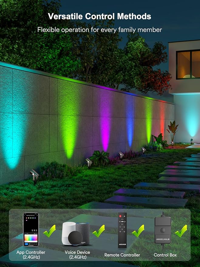 ANGELHALO Smart Landscape Spotlights, Low Voltage IP65 Waterproof Outdoor Spotlights Compatible with APP/Voice/Alexa Control, Color Changing Lights for Yard Garden Pathway Lawn, 6 Pack