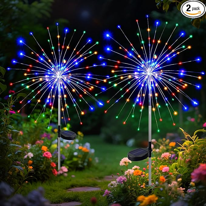 btfarm 2 Pack Solar Garden Lights Outdoor 8 Modes, 120 LED Firework Lights Solar Powered, Waterproof Twinkle Fairy Light Outside for Yard Pathway Lawn Pool Patio Christmas Decorative, Multicolor