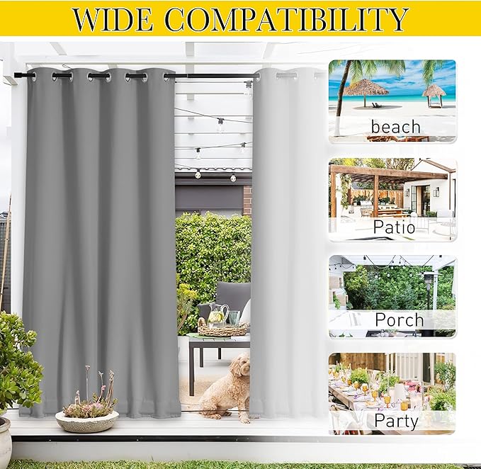 NICETOWN 2 Panels Weighted Blackout Curtains with Grommet & Back Tab on top and Bottom for Patio Waterproof, Windproof Privacy Outdoor Dividers for Cabana with Fixed Rope, W52 x L95, Silver Grey