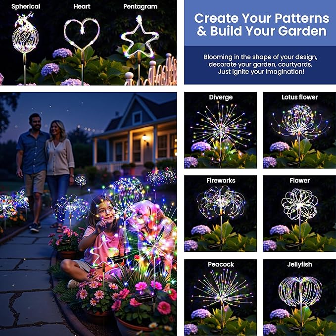 Solar Lights Outdoor, 120LED 2pack Fairy Garden Lights Decor for Outside Fireworks Lights Solar Powered for Yard, Patio, Pathway, Walkway, Balcony,Multicolor