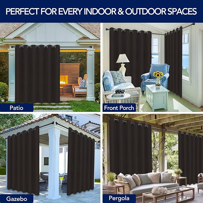 PureFit Outdoor Curtains for Patio Waterproof Weatherproof, UV Resistant Outside Curtains for Gazebo, Front Porch, Pergola, Sun Blocking Privacy Curtain, 100W x 120L inch, 1 Panel, Chocolate
