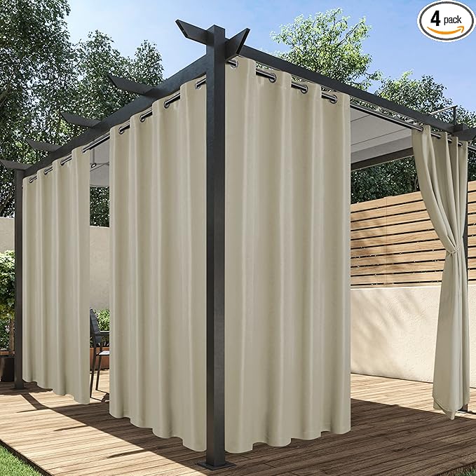 HolidayIdeas Outdoor Curtains for Patio Waterproof, 4 Panels - 54 x 108 Inch - Privacy Protection & Light Filtering Curtains Taupe Grommet Outside Curtains for Porch, Gazebo, Pergola, Backyard