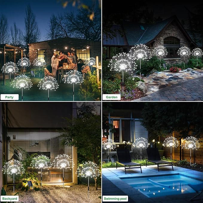 Solar Garden Lights Outdoor Waterproof, 4 Pack Total 480 LED Solar Firework Lights Decorative with 8 Lighting Modes Outside for Yard Pathway Flowerbed Decor, White