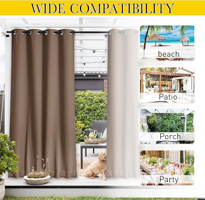 NICETOWN 2 Panels Weighted Blackout Curtains Patio Waterproof Outdoor Curtains, Thermal Insulated Top & Bottom Grommet & Back Tab Wind-Break Drapes Privacy for Pergola, W52 by L120, Tan