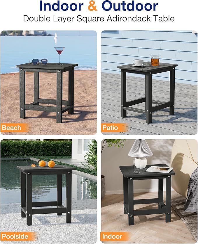 YEFU Outdoor Side Table for Patio: 16" HIPS Weather - Resistant Adirondack Tables Set of 2 - Small Square End Table for Backyard Living Room Bedroom - Indoor Outdoor Durable Table Dark Grey