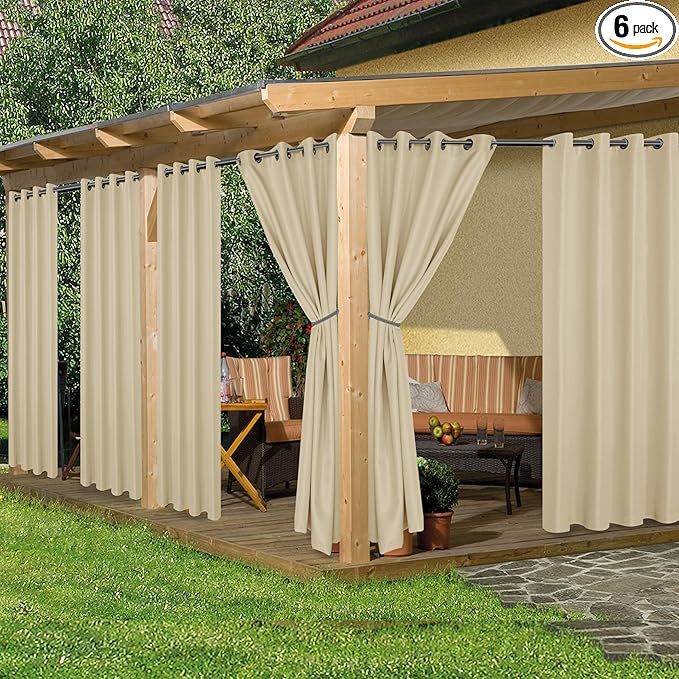 HolidayIdeas Waterproof Outdoor Curtains for Patio, 6 Panels - 54x120 Inches - Weatherproof Privacy Outsides Curtains for Backyard Porch Gazebo, Sunlight & UV Blocking (Cream, Grommet Top)