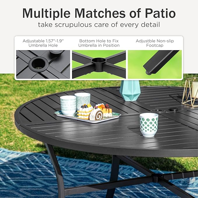 PHI VILLA 7 Pieces Outdoor Dining Set for 6, 54" Round Black Metal Table with Umbrella Hole & Wrought Iron Swivel Chairs, Large Outside Furniture with Red Cushions & Pillows for Patio, Deck, Porch