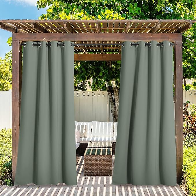 NICETOWN 2 Panels Patio Curtains for Outdoor Waterproof, Rustproof Grommet Thermal Insulated Room Darkening Indoor Outdoor Drapes Privacy for Balcony/Pergola, W52 x L108, Sage Green