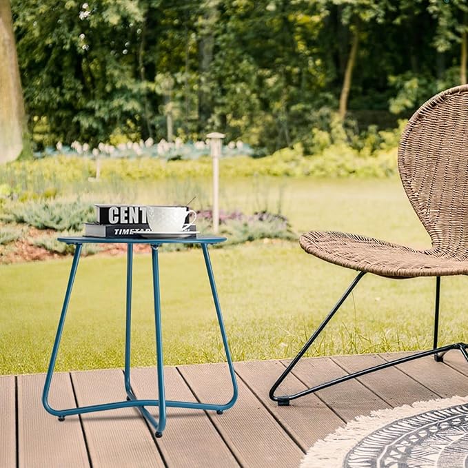 danpinera Outdoor Side Tables with Flower Cut Outs, Weather Resistant Steel Patio Side Table, Small Round Outdoor End Table Metal Side Table for Patio Yard Balcony Garden Navy Blue