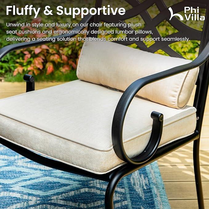 PHI VILLA 5 Pieces Outdoor Dining Set for 4, 37" Square Wood-top Metal Table & Wrought Iron Swivel Chairs, All Weather Large Outside Furniture with Cushions & Pillows for Patio, Deck, Porch