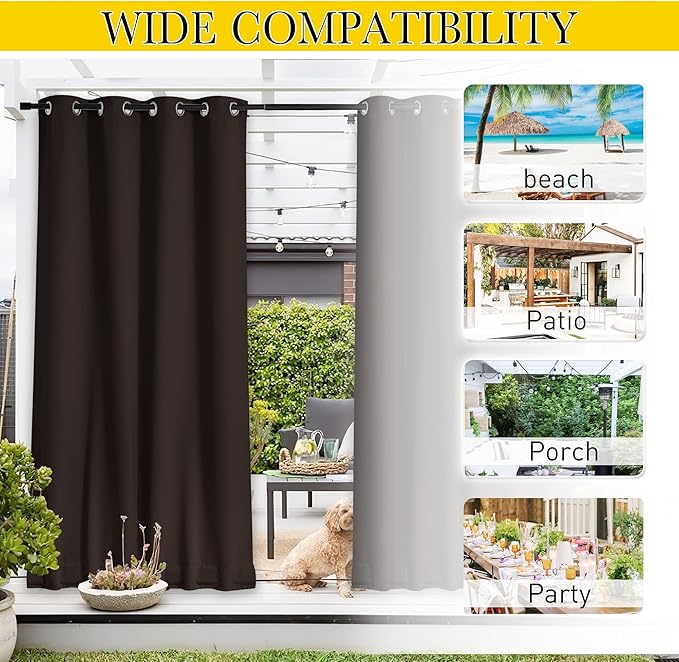 NICETOWN 2 Panels Weighted Blackout Curtains Patio Waterproof Outdoor Curtains, Thermal Insulated Top & Bottom Grommet & Back Tab Wind-Break Drapes Privacy for Pergola, W52 by L95, Coffee