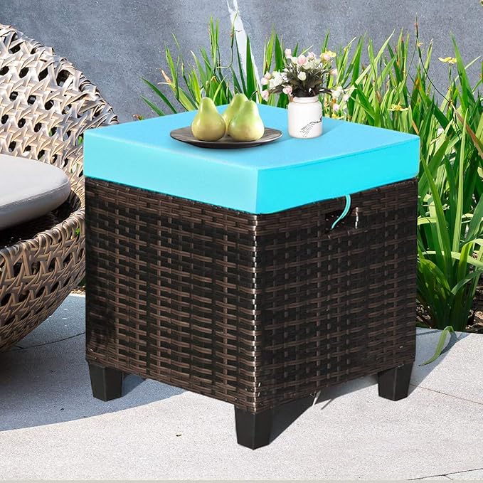 Tangkula 2 Pieces Outdoor Patio Ottoman, All Weather Rattan Wicker Ottoman Seat, Patio Rattan Furniture, Outdoor Footstool Footrest Seat w/Removable Cushions