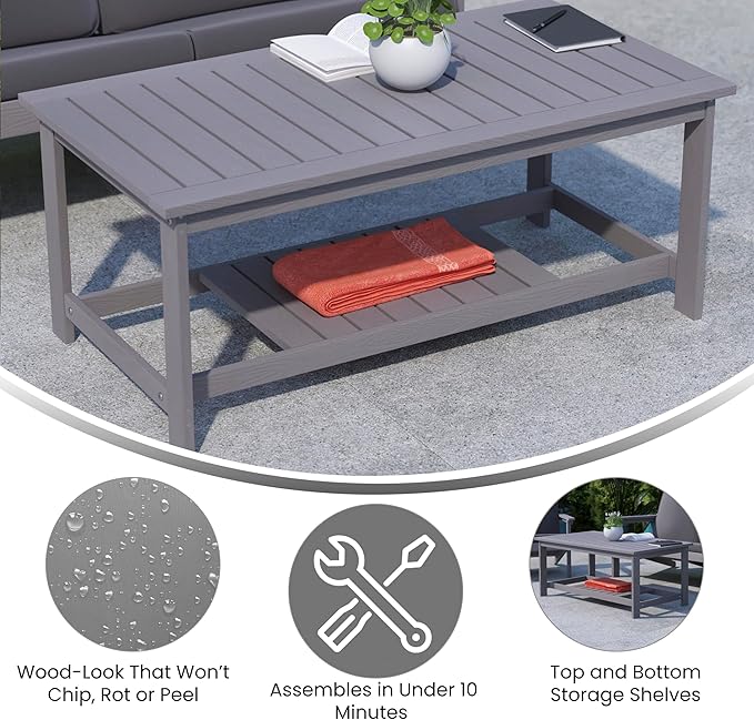 BizChair Two Tiered Commercial Grade Adirondack Coffee Table - Gray Finish Poly Resin Wood - All-Weather - Slatted Shelf Design