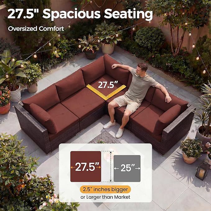 NICESOUL 29.3'' High Back Wicker Patio Furniture Set for 8 Person, Extra Big Outdoor Modular Sectional with Ottoman, Deep Seated Relax Conversation Sets for Backyard Deck, Brown and Red