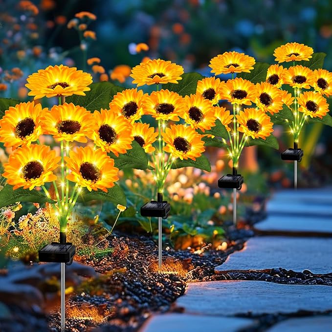 Solar Lights Outdoor Garden Decor,4 Pack with 24 Sunflower Lights,Solar Flowers Lights Waterproof,Birthday Gifts for Mom Women Grandma,Outside Decorative Stakes Light for Landscape Yard Patio Lawn
