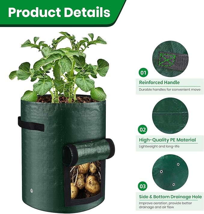 10 Gallon 3-Pack Potato Grow Bags, Heavy Duty PE Fabric Pots with Flap and Handles, Green Planter Bags for Potato Vegetables Outdoor Garden, 17.7''x13.8'' Large for All Plants Growing