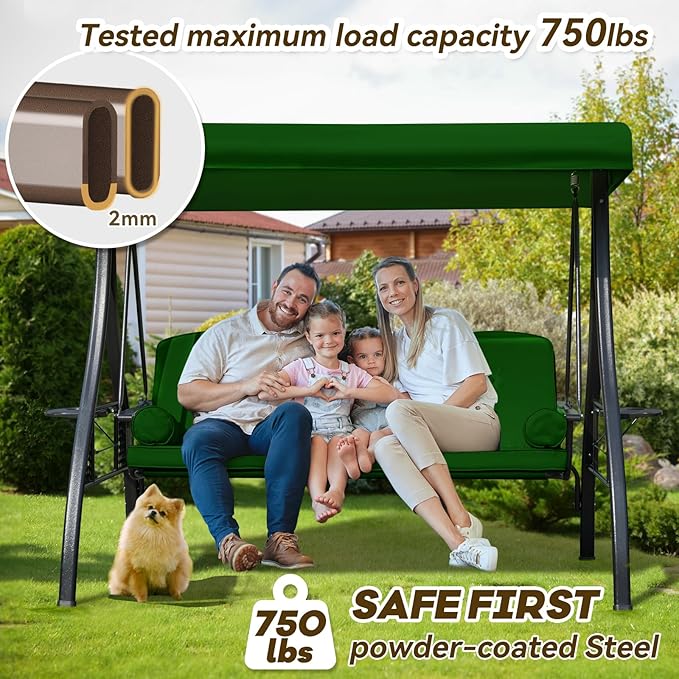 3 in 1 Outdoor Porch Swing with Adjustable Canopy, 3 Seat Outdoor Swing for Adults, Patio Swing Chair with Thickened Cushions,Pillows & Cup Holders for Backyard, Porch, Garden (Green)