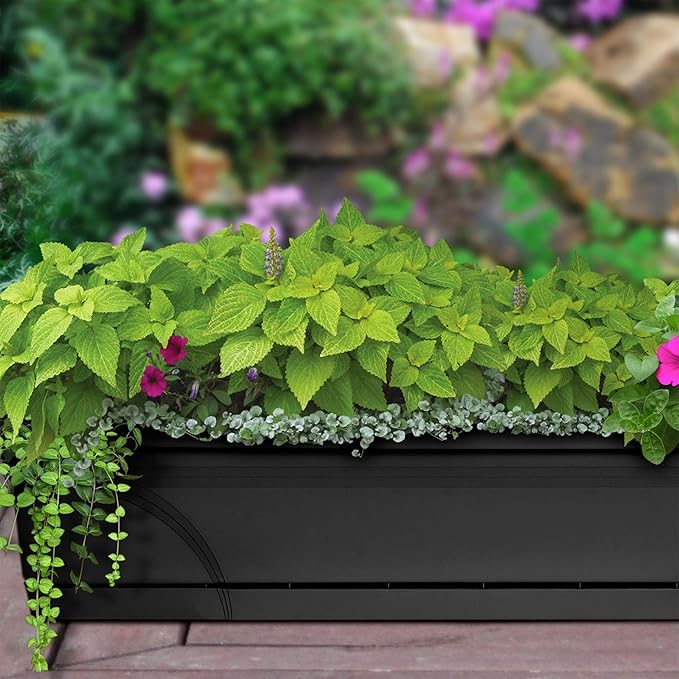 Southern Patio 36 Inch Rectangular Indoor Outdoor Medallion Hanging Windowsill Garden Box Planter, Black (2 Pack)