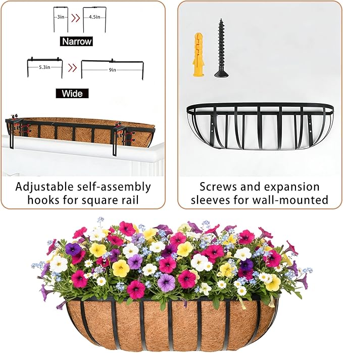 30'' Window Box Railing Planter with Coco Liner,4 Pack Horse Trough Planters Black Metal Hanging Flower Planters Basket for Porch Fence Patio Indoor Outdoor Lawn
