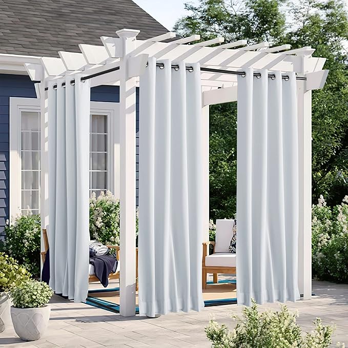 NICETOWN 2 Panels Fixed Outdoor Curtains Waterproof for Patio, Thermal Insulated Top & Bottom Grommet & Back Tab Light Blocking Outdoor Drapes Windproof with Bouns Rope, W46 x L90, Greyish White