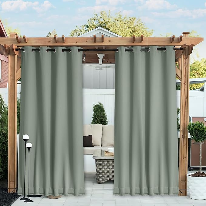NICETOWN 2 Panels Weighted Outdoor Curtains for Patio, Grommet & Back Tab top and Bottom, Waterproof & Windproof Privacy Thermal Curtains Sun/Cold Block for Cabana with Rope, W52 x L84, Sage Green