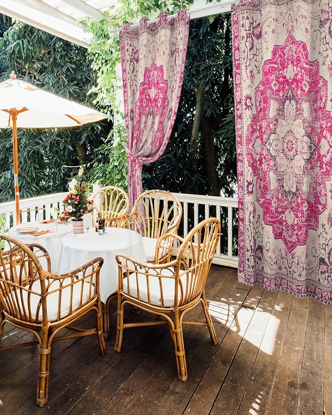 Pink Bohemian Outdoor Curtains for Patio Waterproof, Grommet Privacy Curtain Drapes Weatherproof Outside Curtains for Porch GazeboPergola Cabana 2 Panel 54x95inch Medallion Floral Geometric Printed