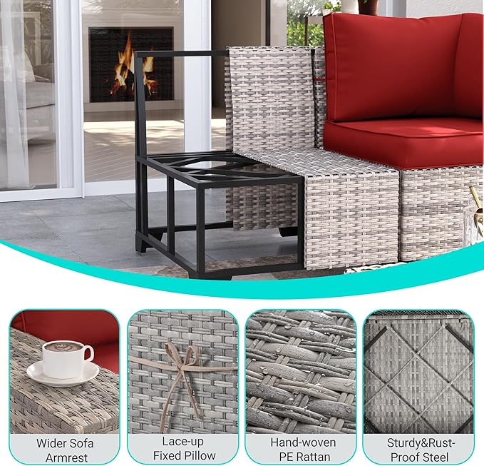 13-Piece Outdoor Patio Furniture Set with 55,000 BTU Fire Pit Table, PE Wicker Rattan Sectional Sofa Patio Conversation Set with Coffee Table, Red