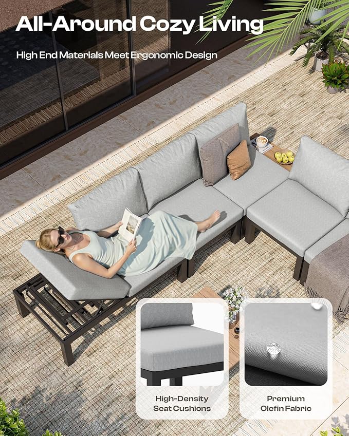 Aluminum Outdoor Patio Sofa Set, 2 Seats Modular Sectional Sofa with Side Table, Thick & Removable Cushions, All-Weather Outdoor Conversation Sets for Garden & Yard, Gray